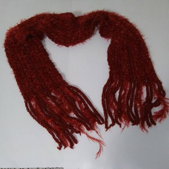 Glittery Winter Beanie Hat and Oblong Scarf Set Fringe Trim Faux Fur Rust Color - Picture 3 of 8